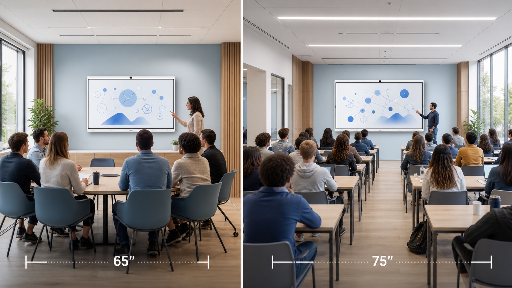 65-inch interactive whiteboard in a compact meeting room compared with a 75-inch board in a larger classroom
