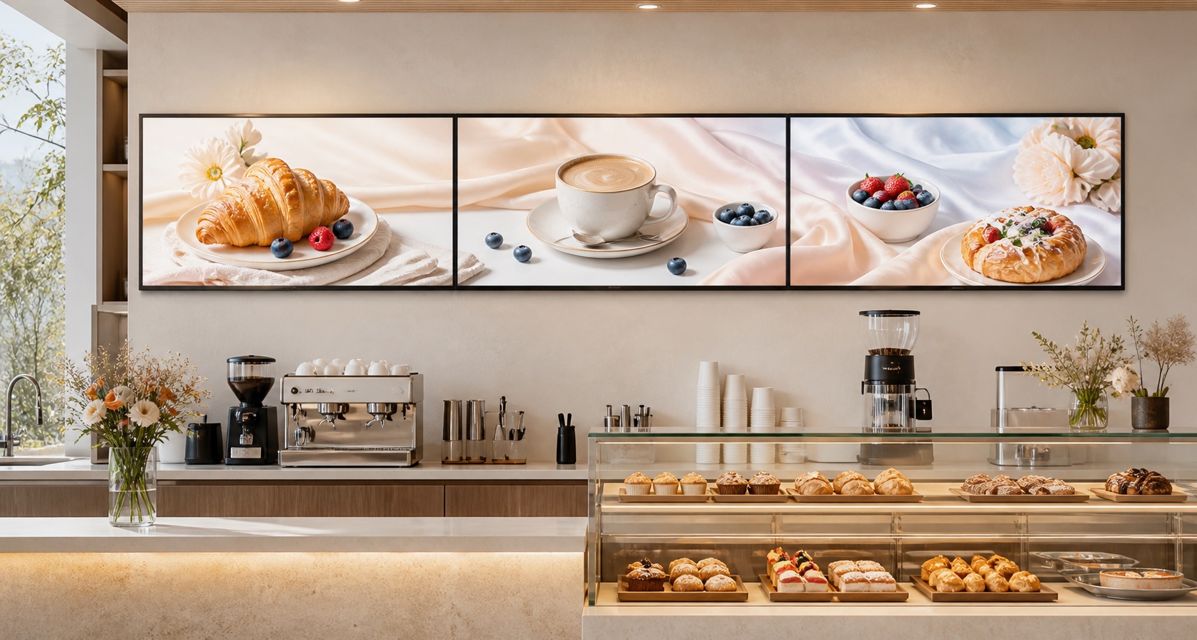 Three landscape 43-inch commercial displays installed edge to edge in a cafe