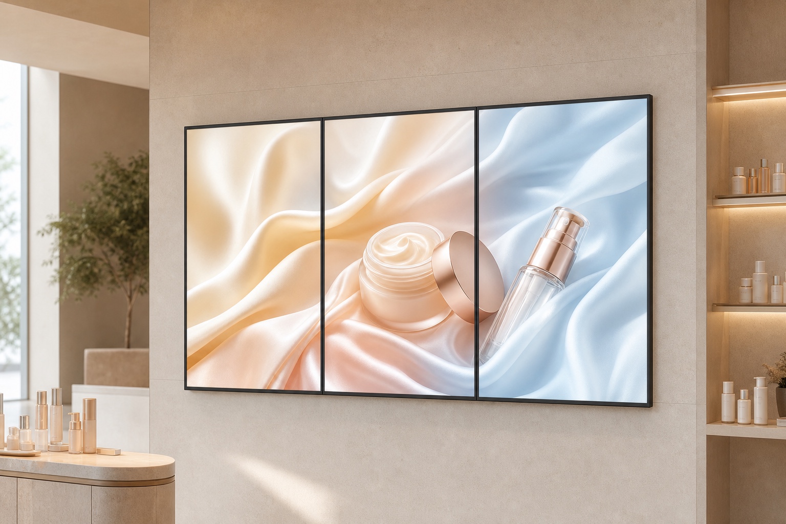 Three portrait 43-inch commercial displays installed edge to edge in a retail space