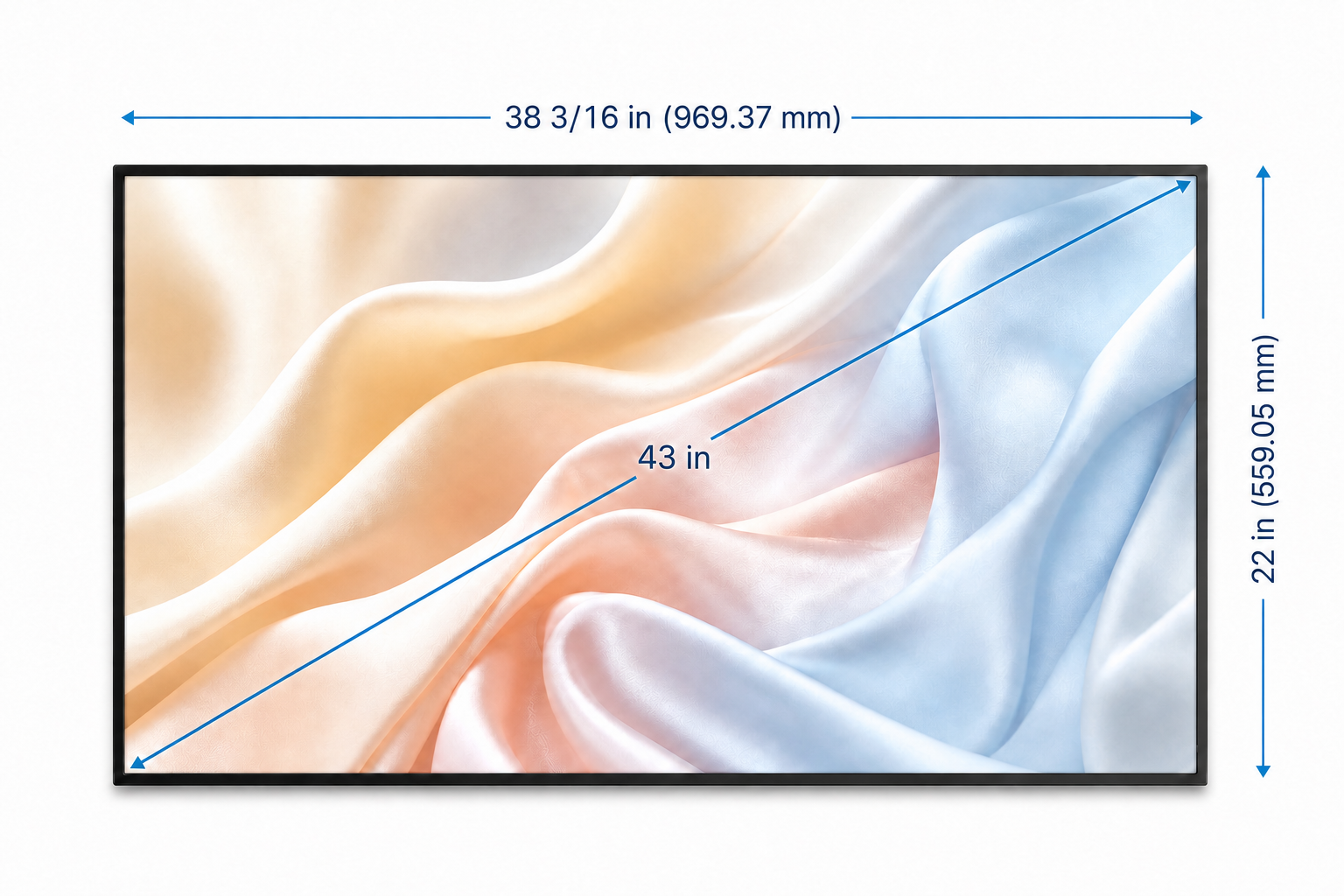 43-inch display dimensions shown in fractional inches and millimetres