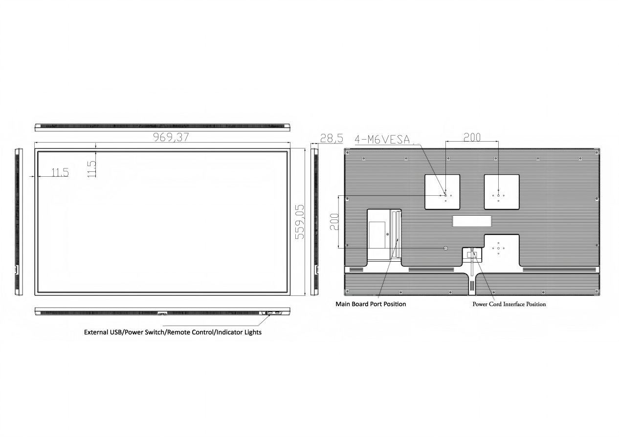 43-inch commercial display factory drawing showing dimensions, VESA mounting points, ports and power position