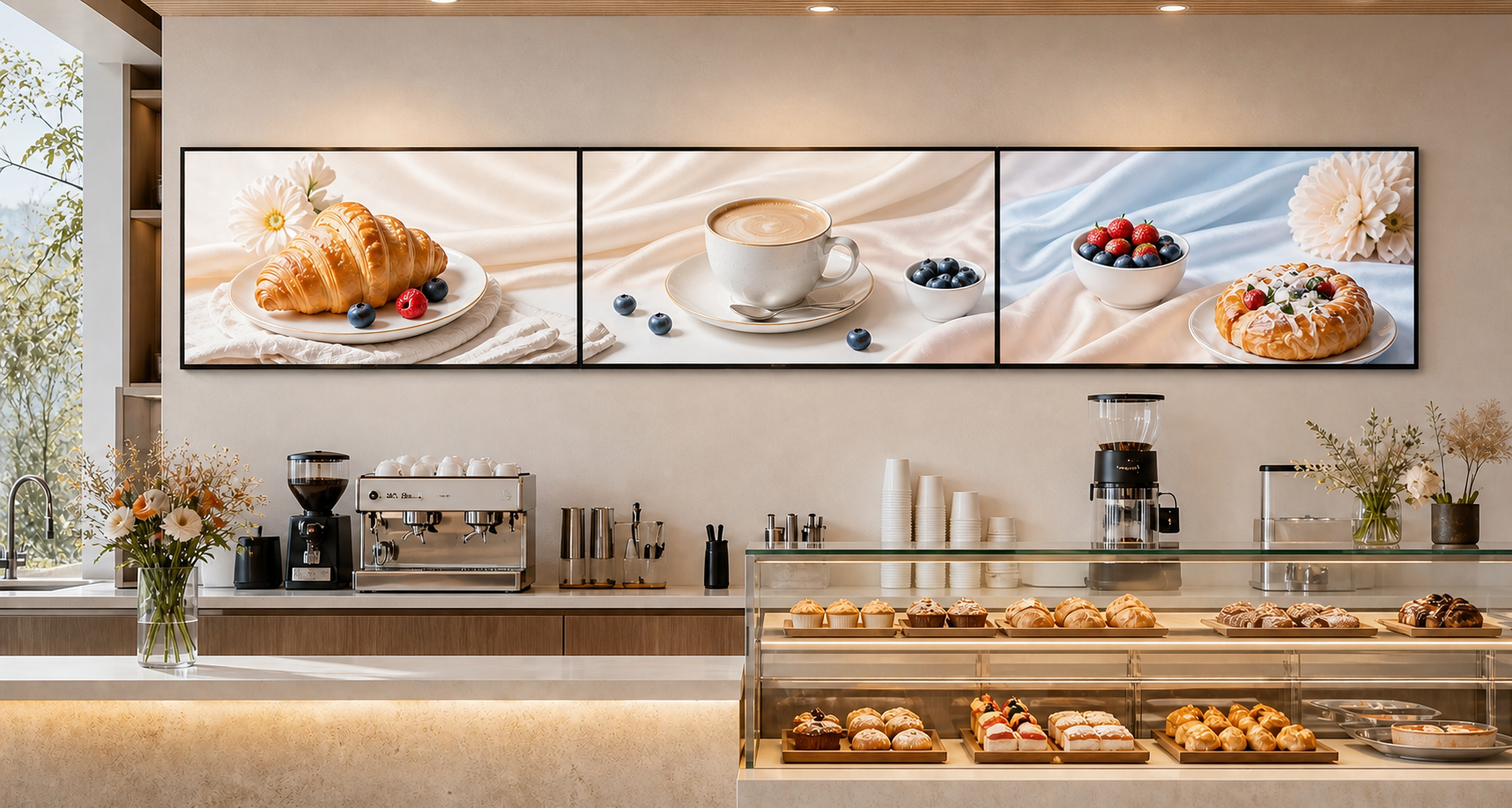 Three landscape 55-inch commercial displays installed edge to edge in a cafe