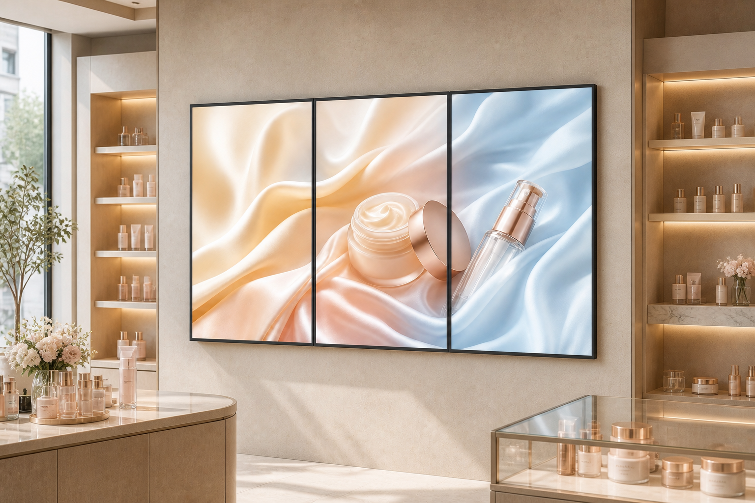 Three portrait 55-inch commercial displays installed edge to edge in a retail space