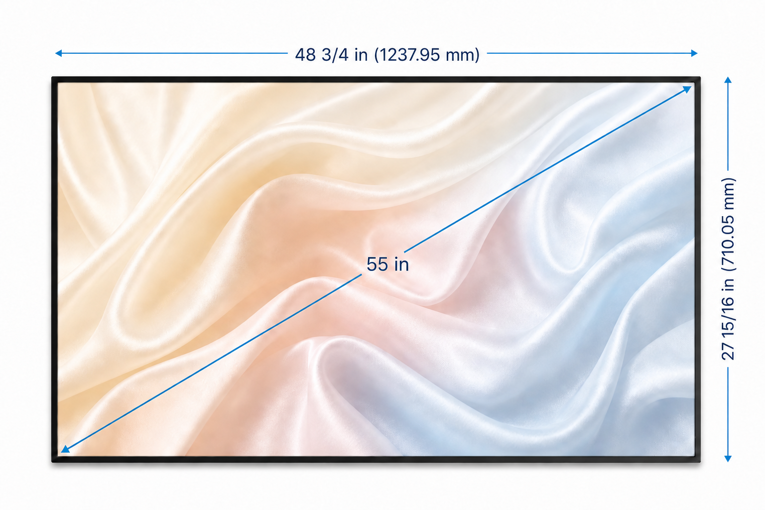 55-inch display dimensions shown in fractional inches and millimetres