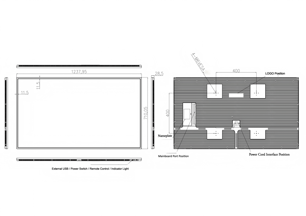55-inch commercial display factory drawing showing dimensions, VESA mounting points, ports and power position