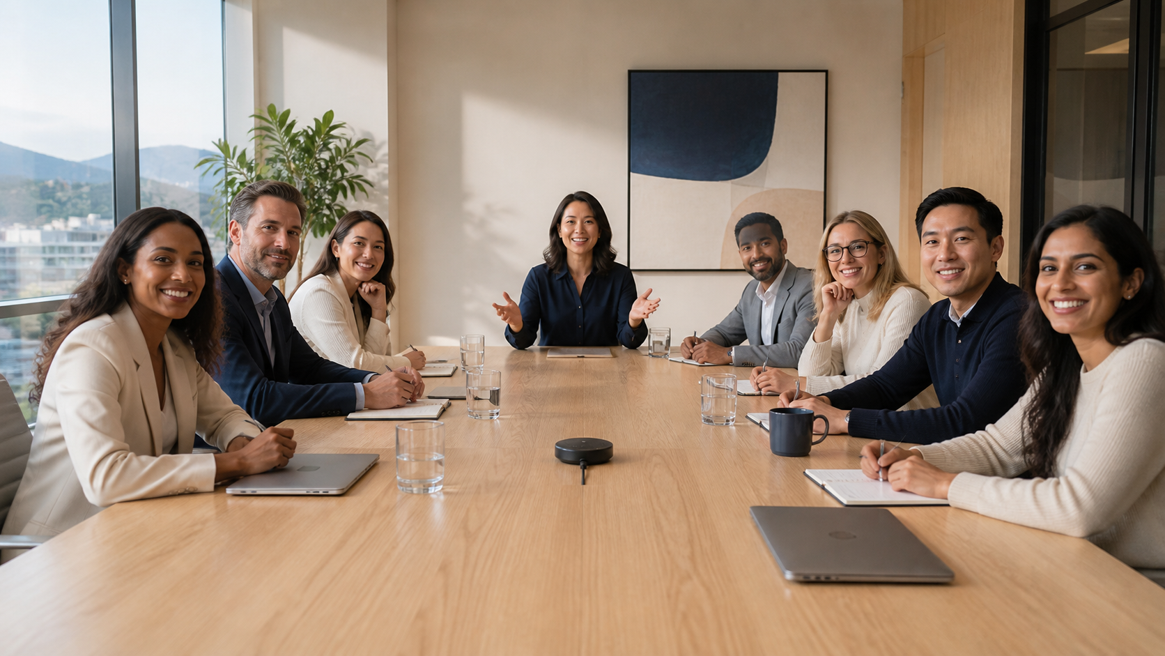 Ultra-wide view of a warm modern business meeting room