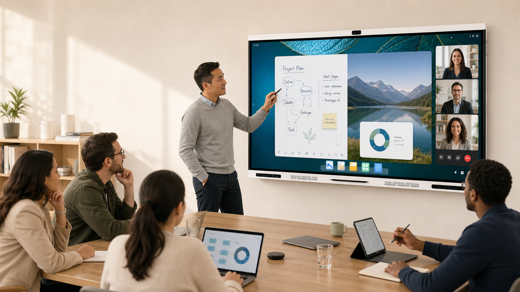 Q9M supporting whiteboarding, screen sharing and video collaboration in a meeting room