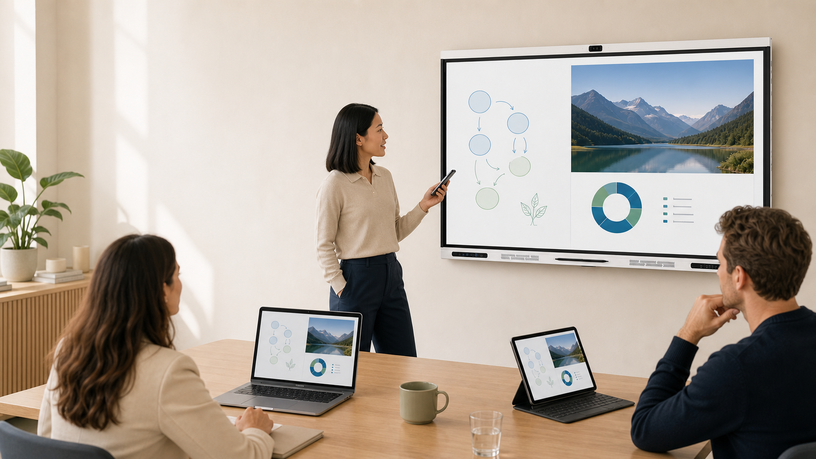 Laptop and tablet sharing the same presentation wirelessly to Q9M in a meeting room