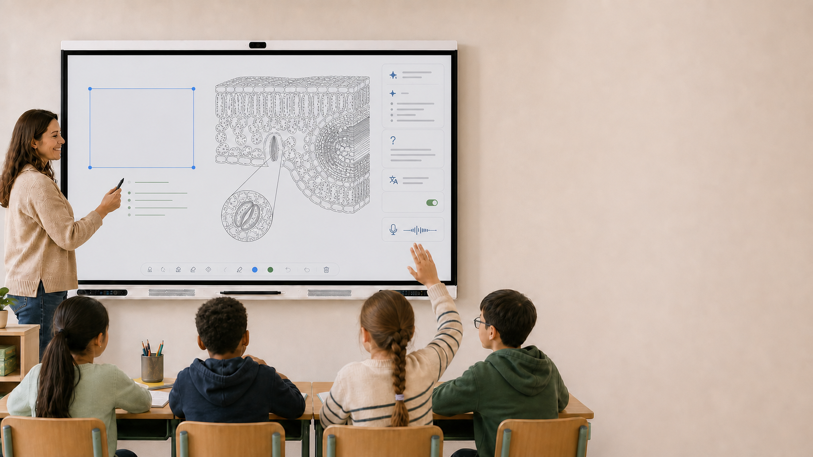 Teacher using AI within the Q9M whiteboard with school children