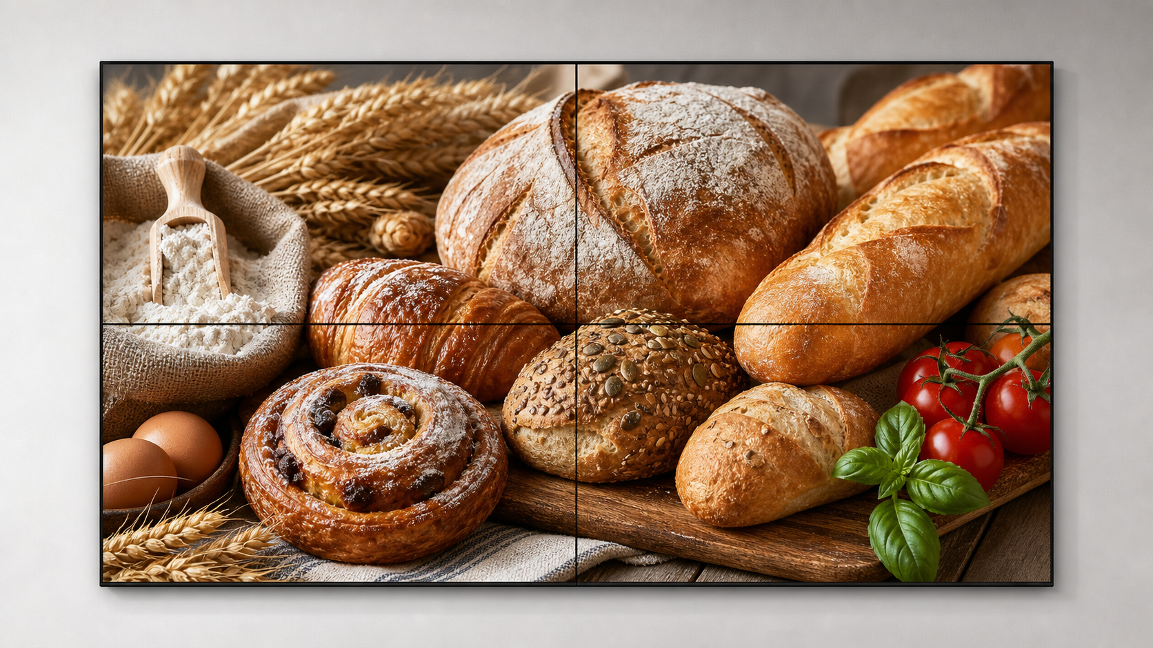 Full HD food imagery displayed across a 2 by 2 Kangway video wall