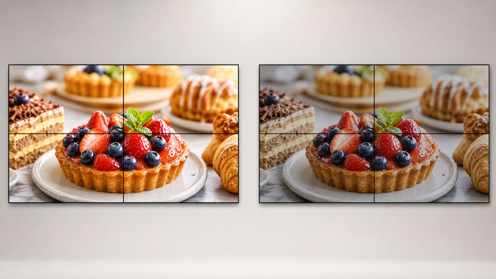 Bright Kangway video wall compared with a dimmer conventional display