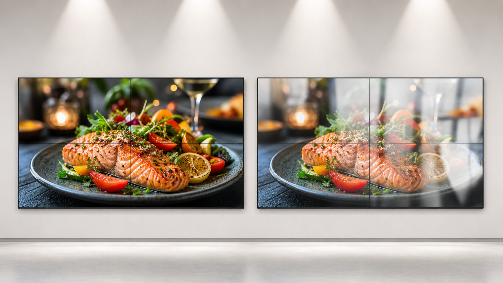 Anti-glare Kangway video wall compared with a reflective conventional display