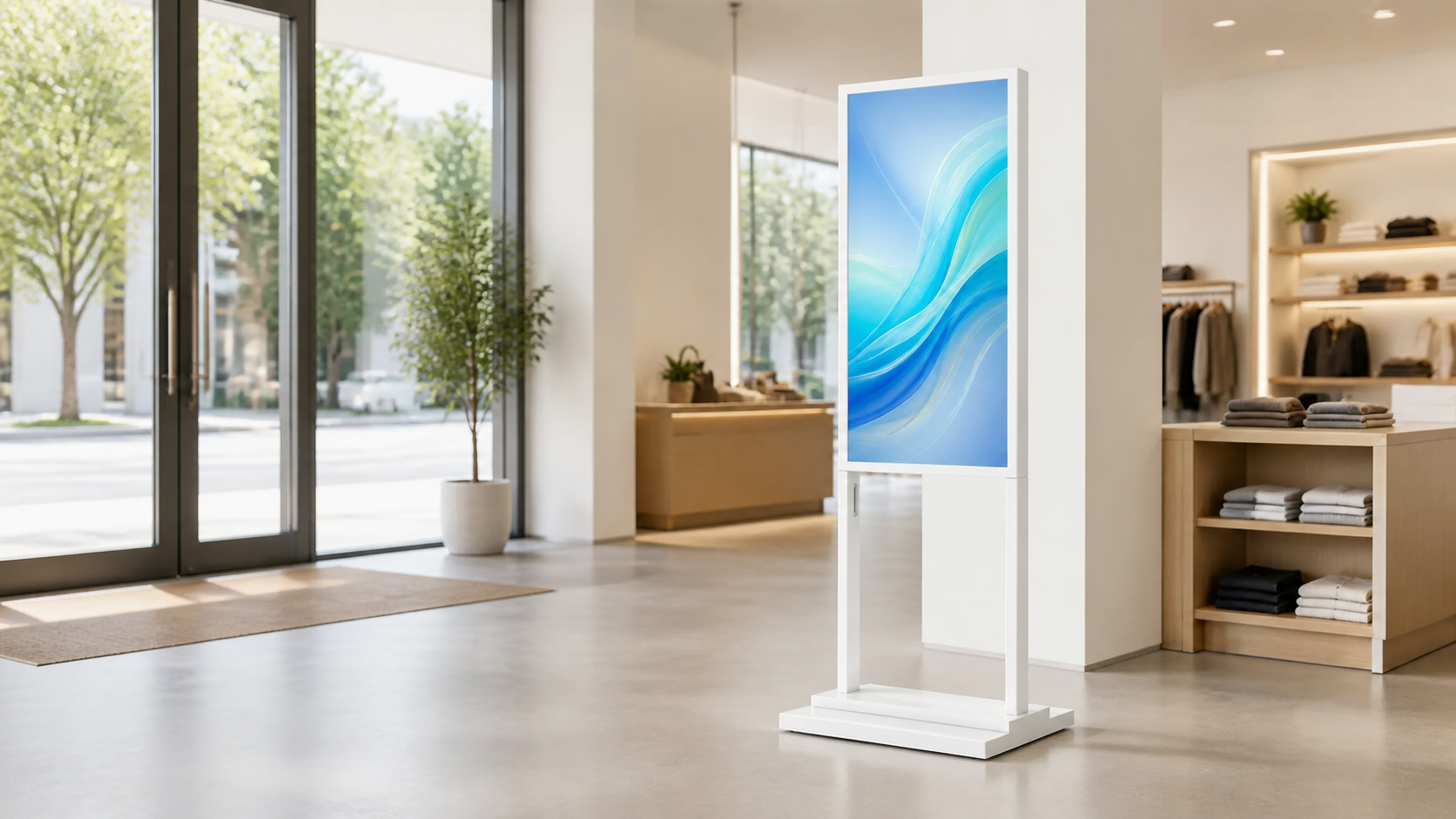 Actual white double-pole Kangway floor-standing signage placed at a retail entrance