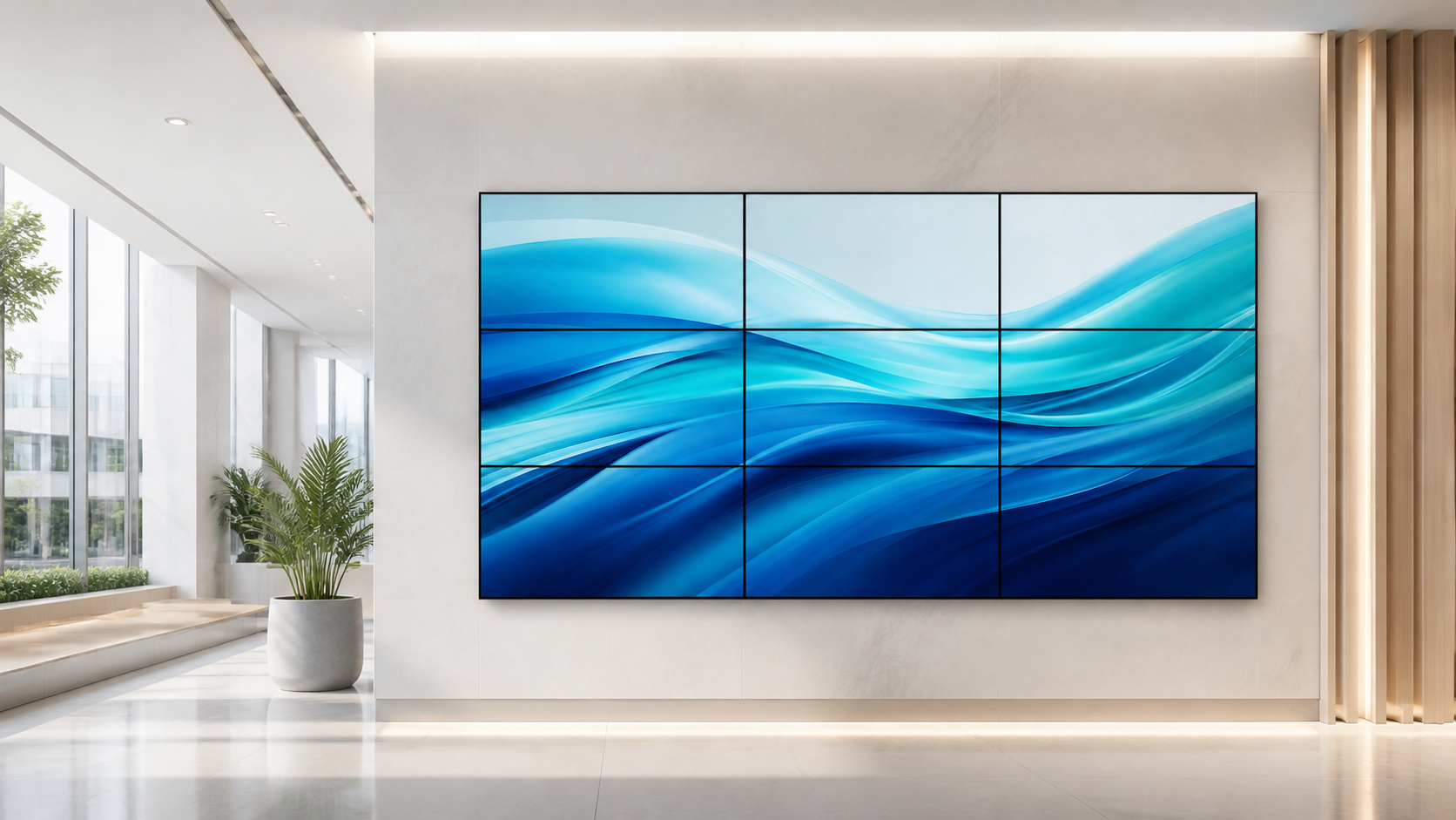 Nine Kangway video wall panels installed in a bright corporate lobby