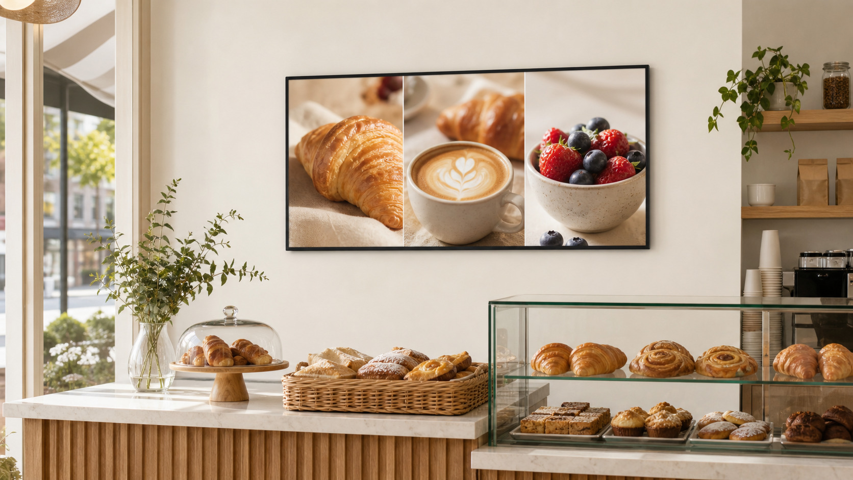 Kangway ultra-slim wall display installed horizontally in a bright cafe