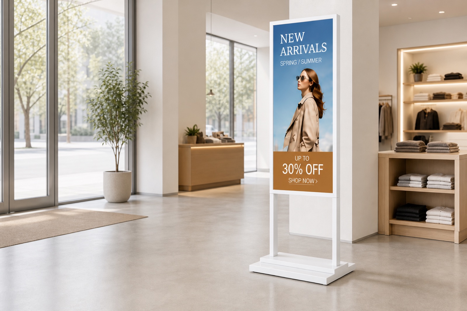 Actual white double-pole Kangway floor-standing signage showing a fashion promotion