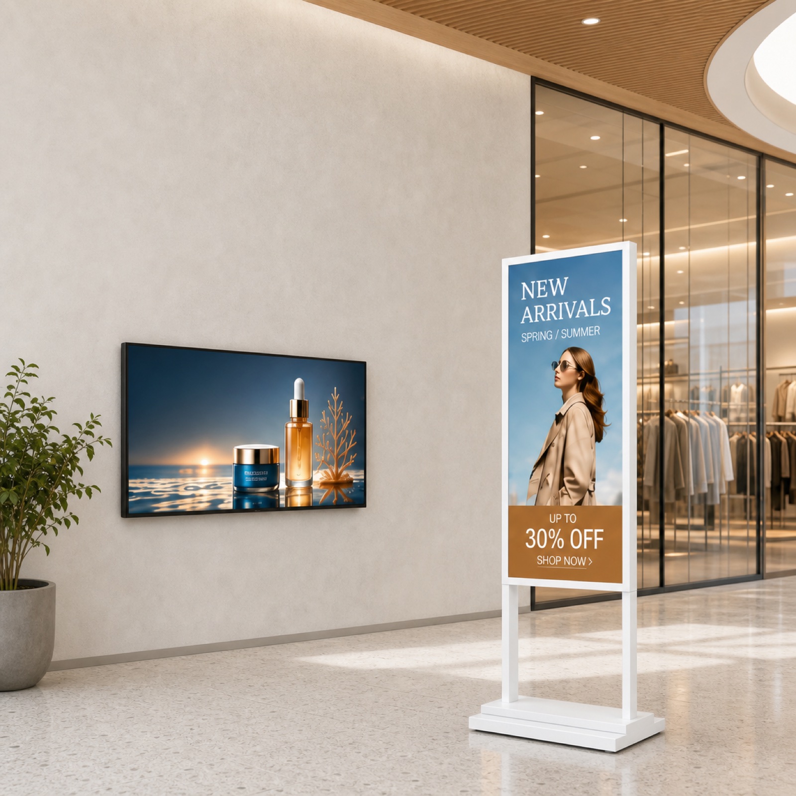 Kangway wall-mounted and double-pole floor-standing digital signage in a modern retail setting