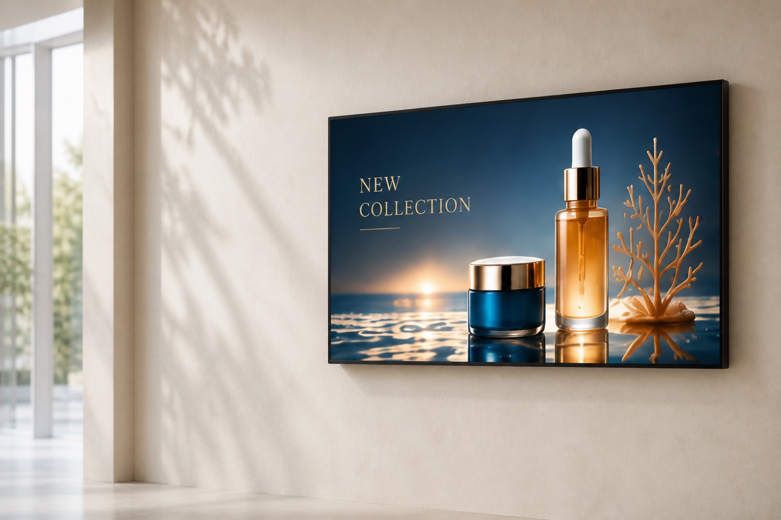 Kangway ultra-slim 16:9 wall-mounted digital signage showing a commercial skincare campaign